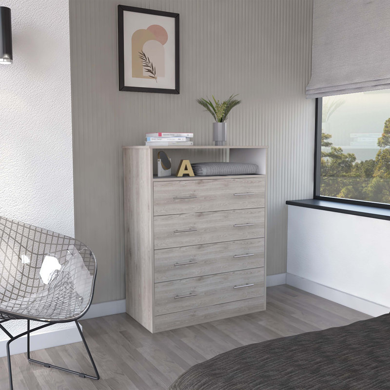 Commode standard à quatre tiroirs avec tablette ouverte, Gris clair