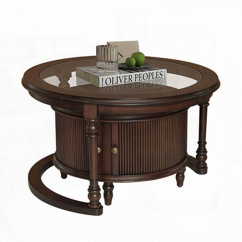Nesting Coffee Table Set with Glass and Solid Wood Frame, Dark Brown