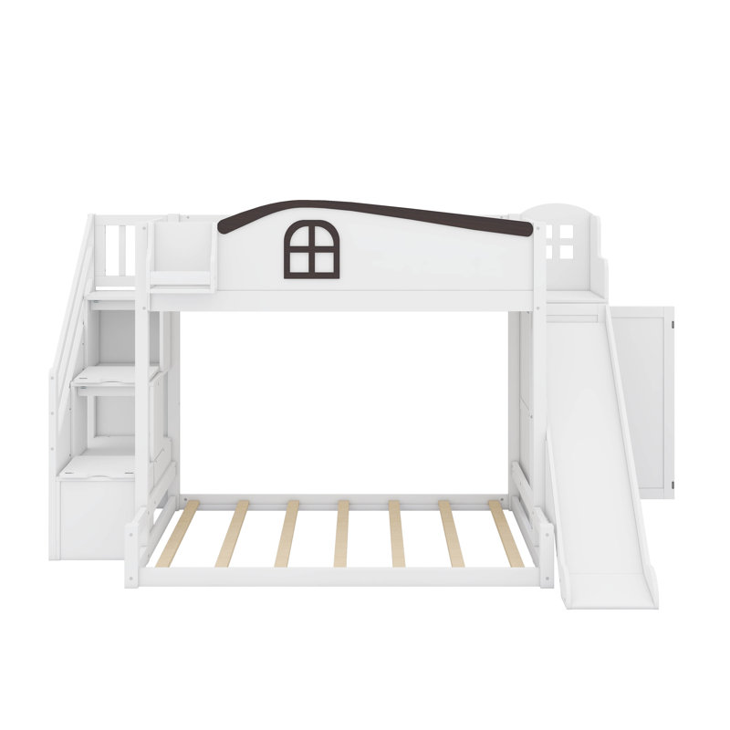 Twin Over Full Bunk Bed With Storage Staircase, Shelf, Slide And Wardrobe, White/Espresso