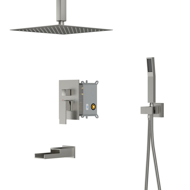 16" Multi Function Dual Shower Head Adjustable Ceiling Mounted Shower, Brushed Nickel