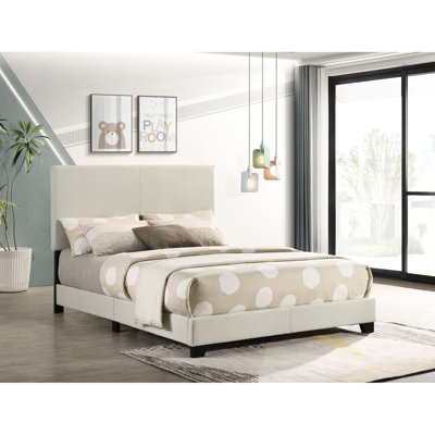 Cream Upholstered Full - Size Panel Bed With Padded Headboard, Rubberwood And Wood Frame, Black Legs For Bedroom Decor Comfort Enhancing Wood, Setup