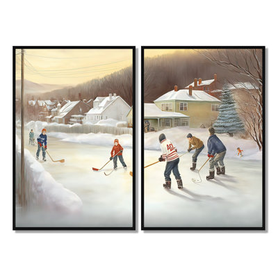 Enfants jouant au hockey en hiver IV - art mural de hockey sur glace 2 pièces