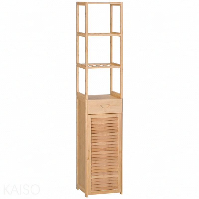 Armoire de salle de bain haute avec tiroir et tablettes à lattes, tour en lin de bambou mince avec porte à persiennes