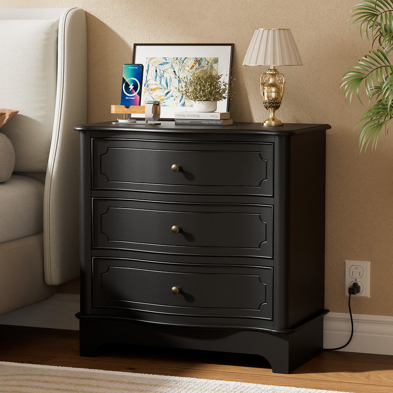 3 Drawers Dresser for Bedroom with Charging Station, 28" Wide Small Chests of Drawers, Farmhouse Wood Nightstand Bedside Cabinet End Table for Bedroom, Living Room, Closet, Hallway, Black