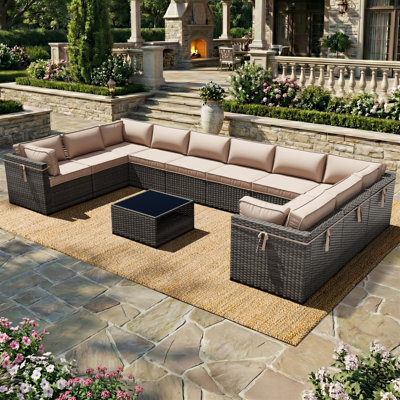 Ensemble modulaire de patio en rotin 10 personnes avec table basse et coussins beiges PE
