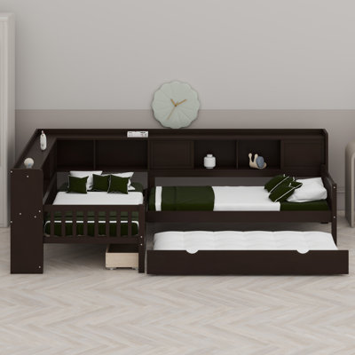 L-Shaped Platform Bed With Trundle，Storage Drawers And Shelves