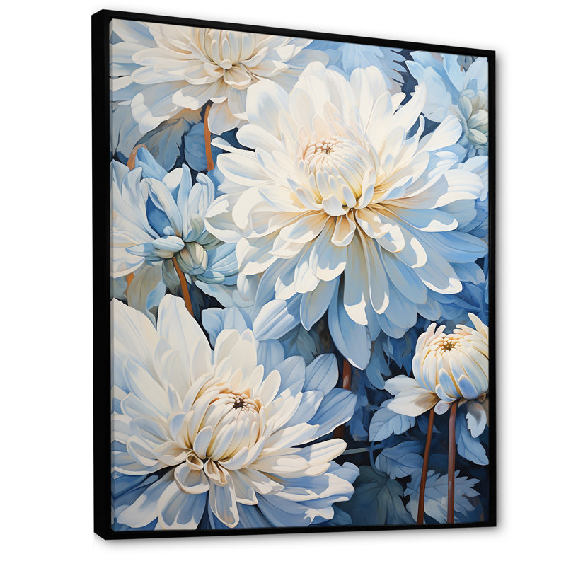 Minimalisme «Blooming Mums» en bleu et blanc II sur toile, H 40 po x l 30 po x P 1,5 po, Cadre flottant noir