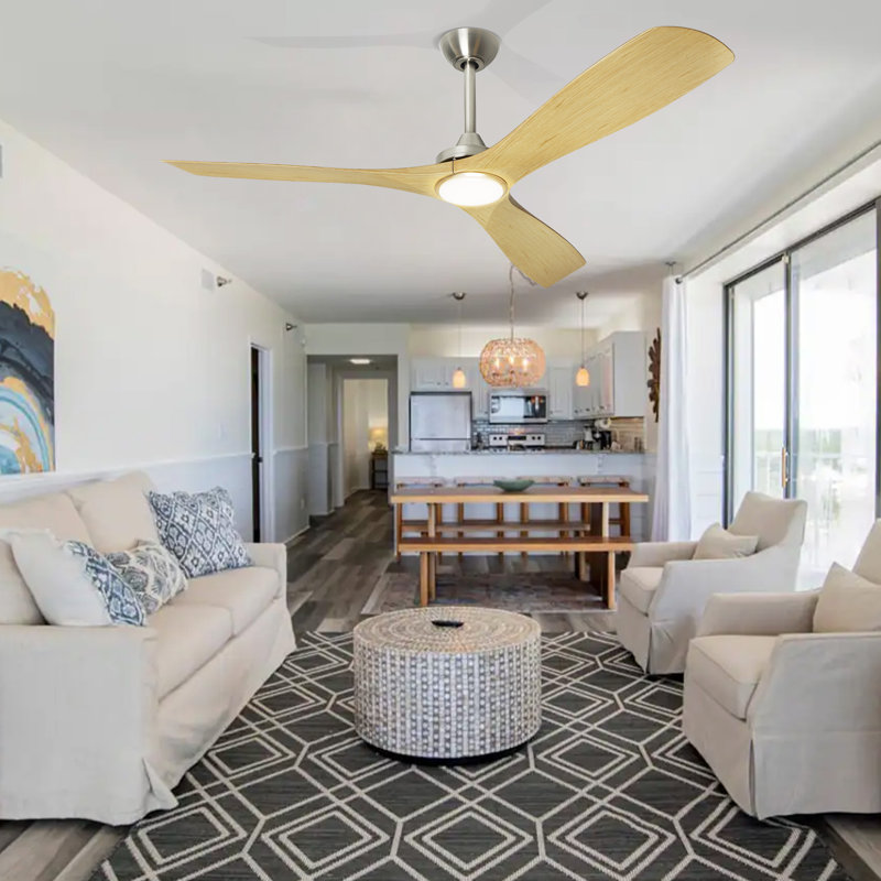 52''  Natual Wood Colour 3-Blade Ceiling Fan with LED Lights with Remote App Control Silver  Fan Body, 52" L x 52" W, Natural