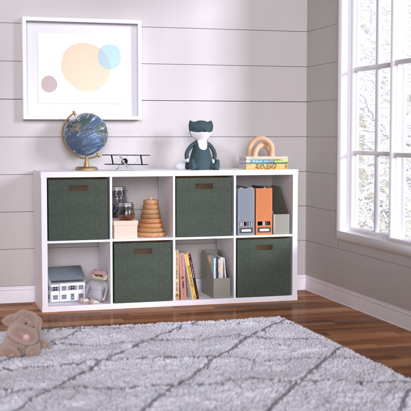 Decorative 8 Cube Bookcase With Premium Fabric Bins, White/Green