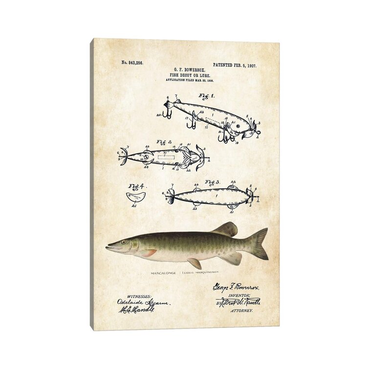 Walleye Muskie Fishing Lure by Patent77 - Wrapped Canvas Graphic Art East Urban Home Size: 18 H x 12 W x 1.5 D