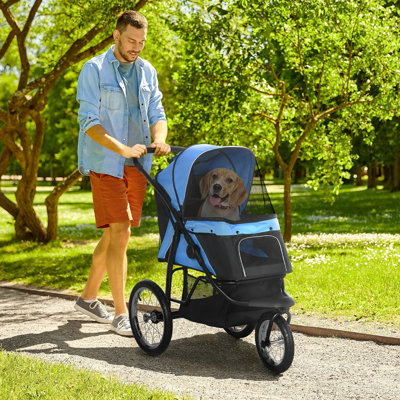 Pawhut Pet Stroller For Small And Medium Dogs, 3 Big Wheels Foldable Cat Stroller With Adjustable Canopy, Safety Tether, Storage Basket, Blue