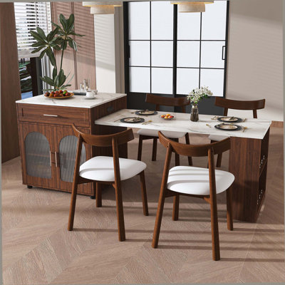 Ensemble de salle à manger pour îlot de cuisine extensible de 80 pouces avec 4 chaises en bois massif, comptoir en grain de marbre noyer avec prise de courant, chariot de rangement mobile avec armoire et 2 tiroirs