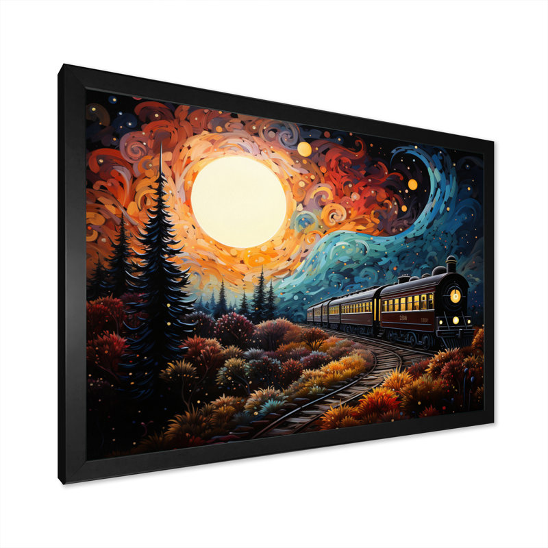 Train enchanted voyage pointillisme sur toile, Cadre photo noir, H 30 po x l 40 po x P 1,5 po