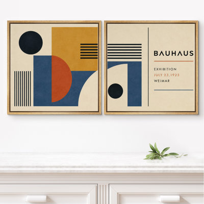 Mid Century Modern Bauhaus Geometric Poster Set Framed Canvas Master Bedroom Wall Art Work 2 Pieces Print