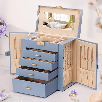 Synthetic Leather Huge Jewelry Box Mirrored Watch Organizer Necklace Ring Earring Storage Lockable Gift Case