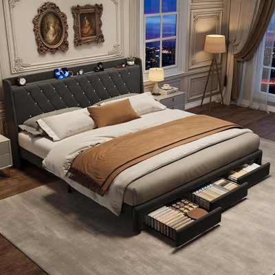 Cadre de lit King Size avec rangement, sommier tapissé de velours avec tête de lit capitonnée en cristal, poste de recharge, 3 tiroirs, sans sommier, silencieux, pour chambre à coucher, gris foncé