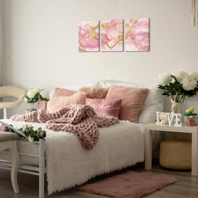 Or, cœur, peinture, amour, décor, impressions sur marbre encadrées, art mural sur toile, salon, encadré, prêt à accrocher, 12 x 16 pouces x 3 pièces (rose)