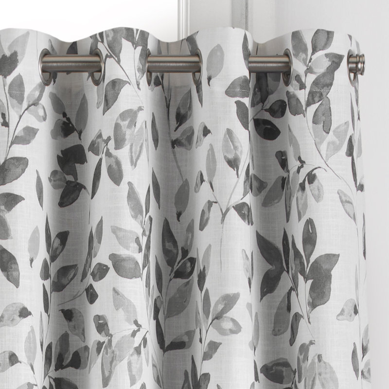 Gray Botanical Leaf Print Blackout Linen Blend Curtain Panel