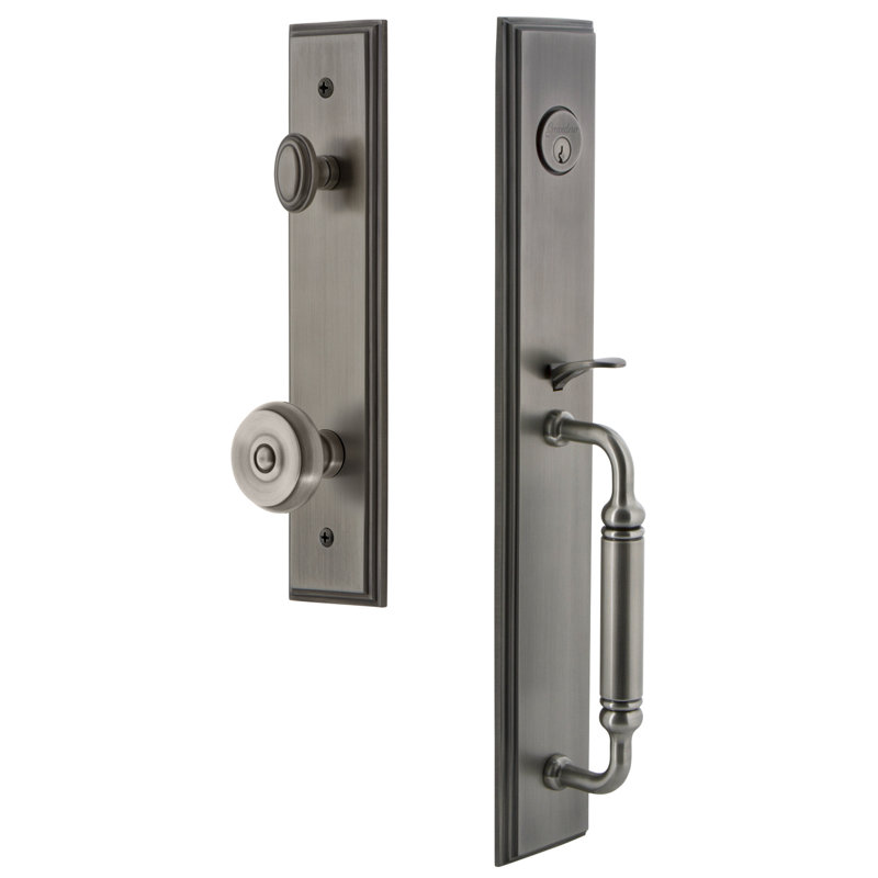 Carré Handleset with Single Cylinder Deadbolt and Bouton Door Knob and Rosette, Antique Pewter, 2.75"