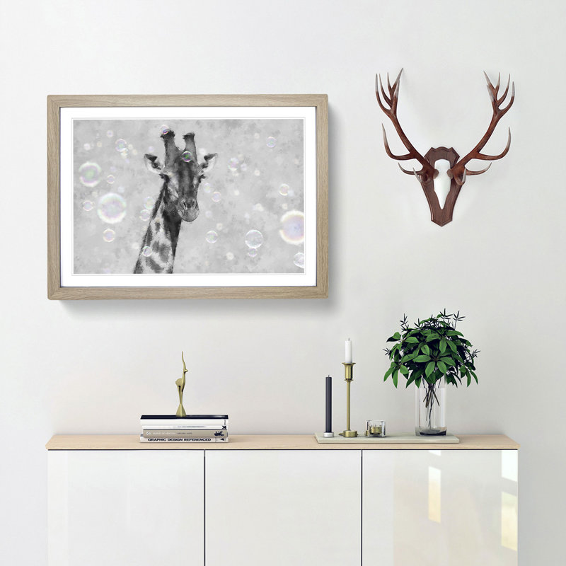 Giraffe Through The Bubbles - Single Picture Frame Painting on MDF, 33cm H x 45cm W x 2cm D, Oak Framed