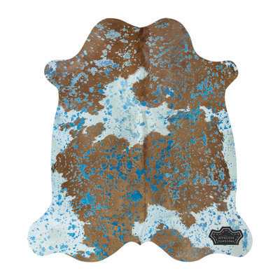 Large 6 × 7 ft Turquoise Devore On Brown & White Cowhide Rug - 100% Genuine Leather - Natural Luxury Boho-Chic Accent
