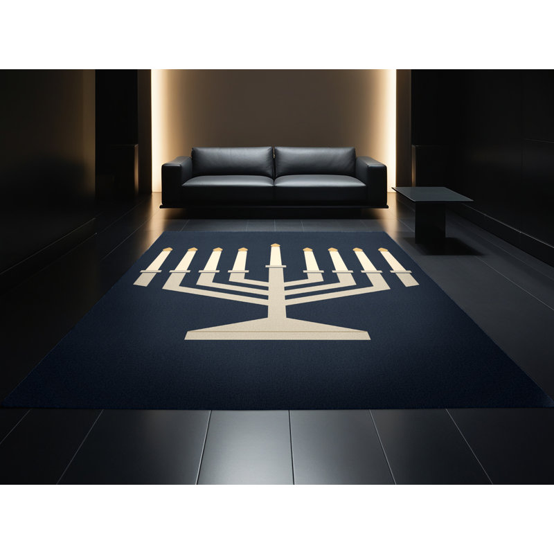Tapis moelleux moelleux à motif abstrait moderne et contemporain de style Hanoukka gris et bleu marine, 7x10