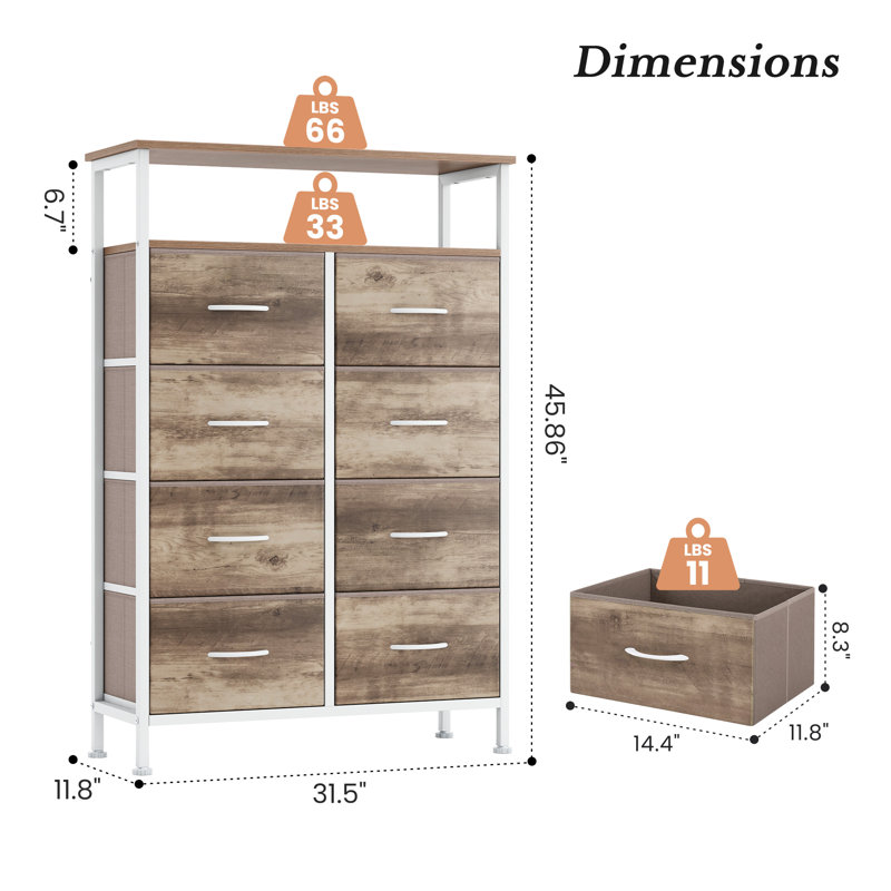 Fabric Dresser for Bedroom with Open Shelves, Tall Dresser with 8 Drawers, Storage Tower, Chest of Drawers for Closet