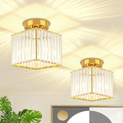 1 - Light Dimmable Square Semi Flush Mount Ceiling Light With Crystal Glass Shade