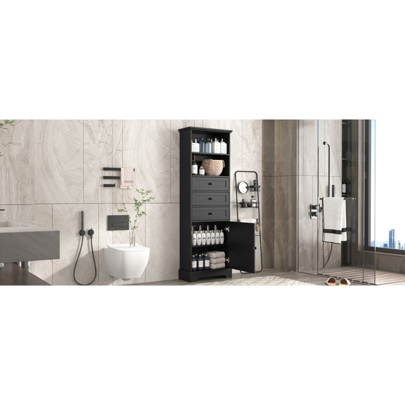 Grande armoire de rangement noire avec 3 tiroirs et tablettes réglables pour salle de bain, bureau, bureau et intérieur, panneau de fibres à densité moyenne avec finition peinte