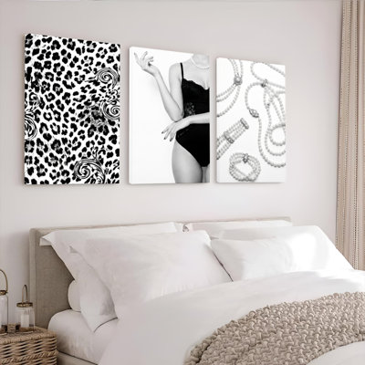 Reproduction de léopard et bijoux en perle sur toile tendue, ensemble de 3 reproductions de peintures à l'huile pour salon