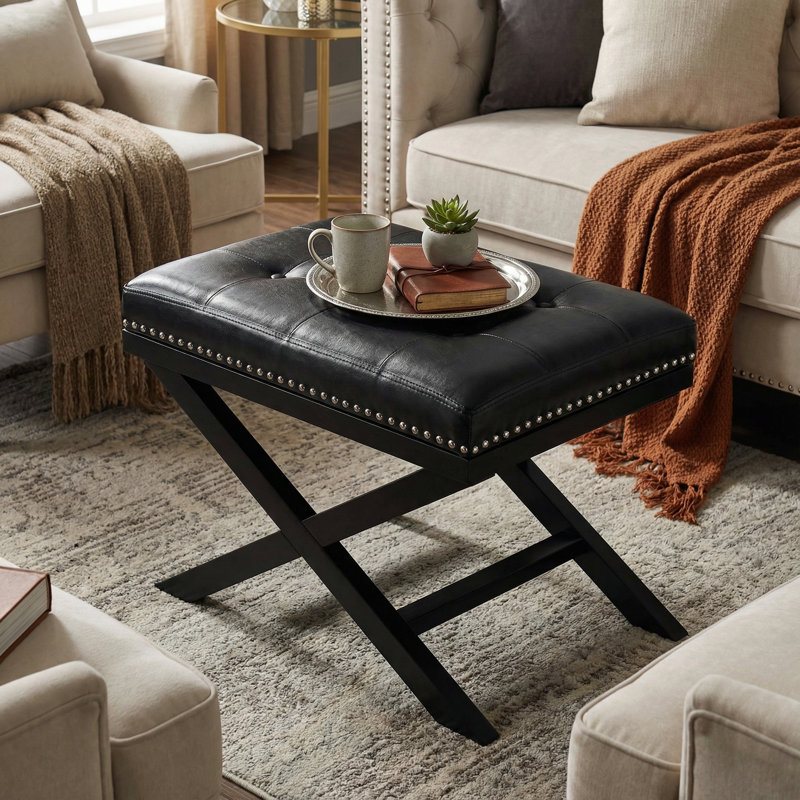 Porto Faux Leather Ottoman, Black Faux Leather