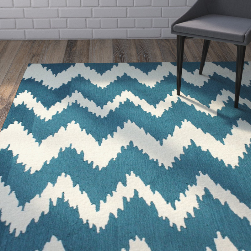 Tapis bleu / ivoire touffeté à la main Joni, Rectangle 5 pi x 8 pi