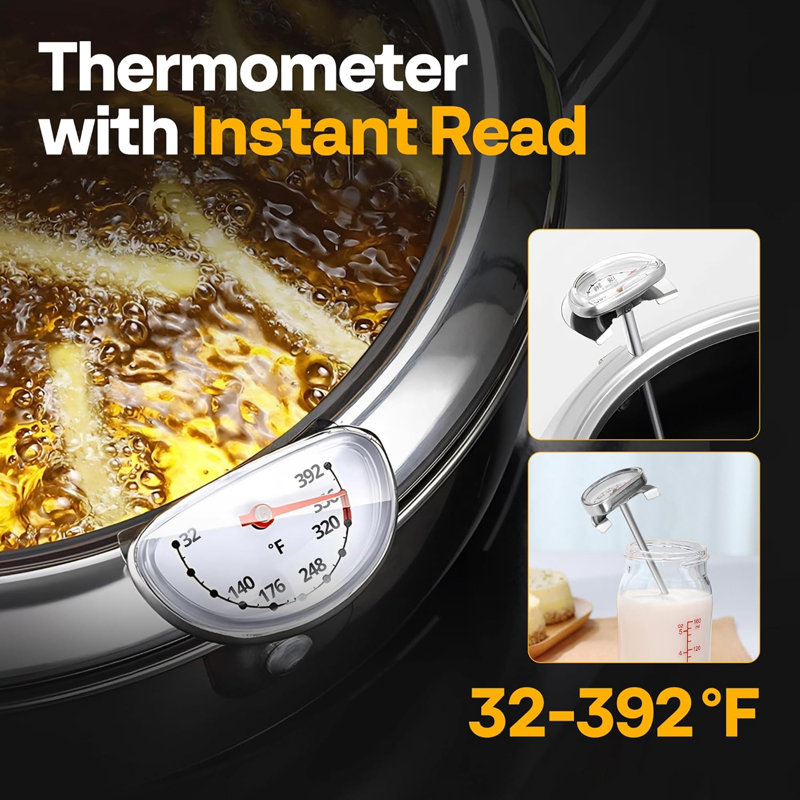 Friteuse en acier inoxydable avec pince, thermomètre, 4.2 quarts, 6.1" H x 11" W x 7.1" D
