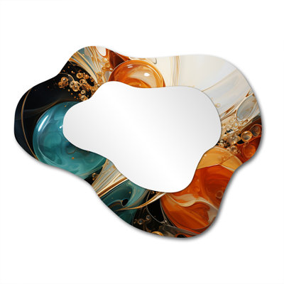 Ulwin Orange and gold planet waves IV - Abstract Painting Cloud Wall Mirror, Orange Asymmetrical Decorative Mirror, Printed Metal Art