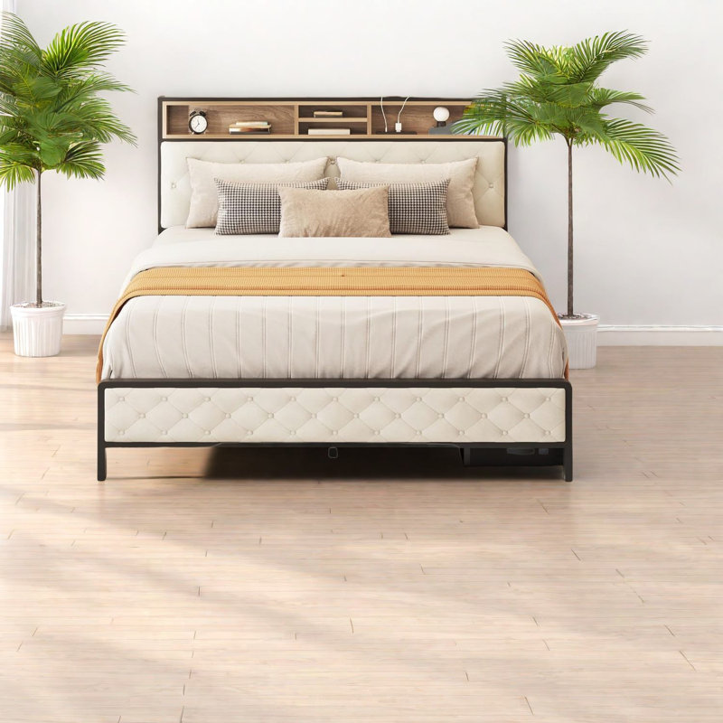 Space-saving Queen Beds, Beige Metal Platform With Storage