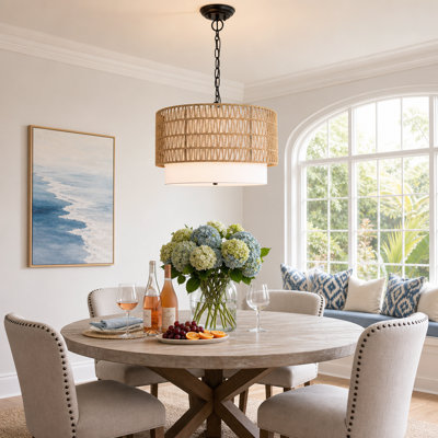 5-light Large Hand Woven Rattan Boho Chandelier With Fabric Shade, Farmhouse Pendant Light Fixture For Dining Room Kitchen Island Bedroom Hallway