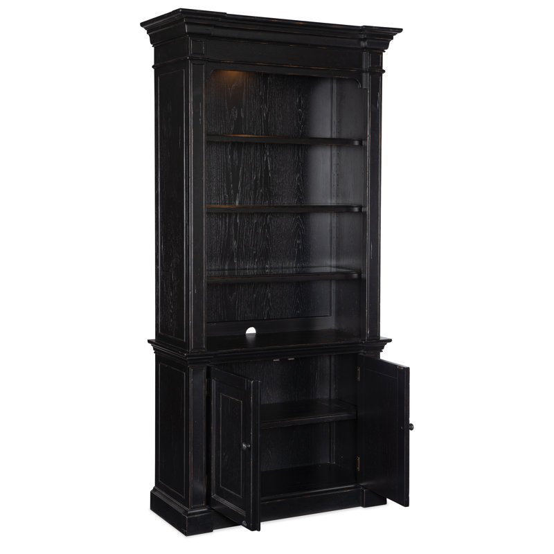Traditional Black Wood Bookcase with Adjustable Shelves and Doors