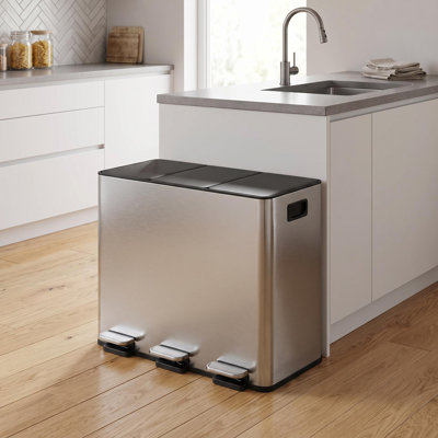 12 Gal Triple Compartment Stainless Steel Kitchen Trash Can, 3 x 4 Gal Recycling Bins with Soft-Close Step Lids, Compact Design