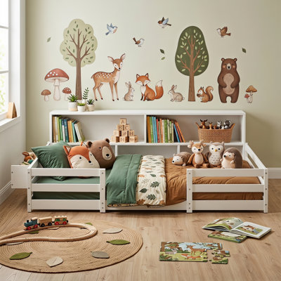 Montessori Floor Bed with Bookcase, Kids Grounded Bed with Guardrails, Mother & Child Low-Profile Bed with Storage, White