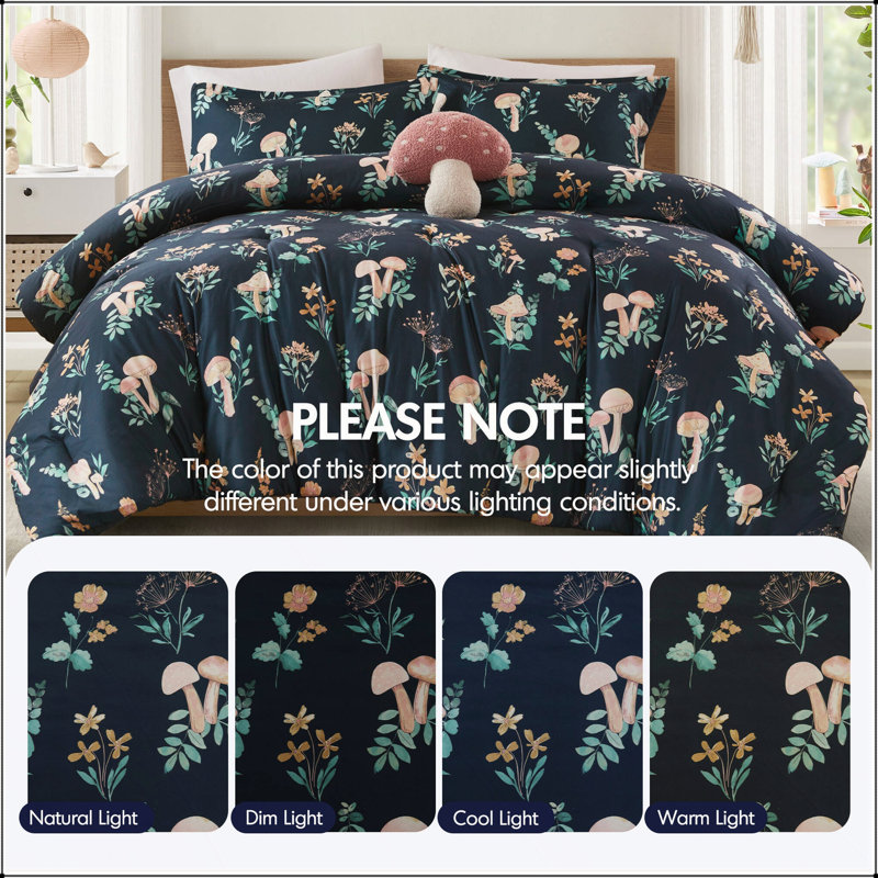 Ensemble de couette 4 pièces en microfibre à motif champignon pour lit double/queen avec coussin décoratif assorti (229 x 229 cm).