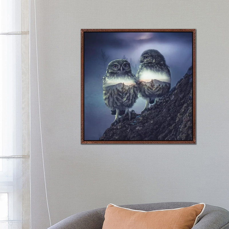 Owl Twins by Paul Haag - Print on Canvas, 66.04 cm H x 66.04 cm W, Classic Brown Wood Framed