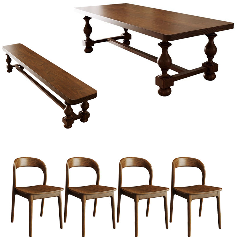 American vintage style solid wood dining table set, 29.5"H x 70.8"L x 31.4"W
