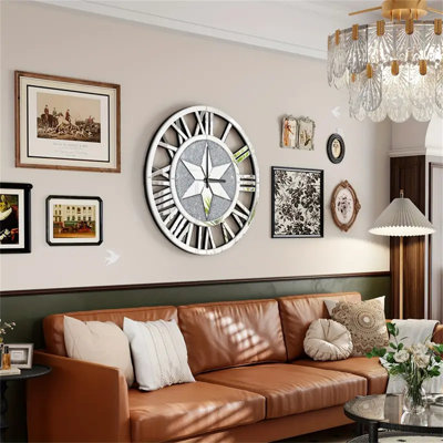 24in Wall Crushed Diamond Clock Silver Mirrors Round Roman Numerals Clocks Sparkle Twinkle Crushed Wall Clock For Wall Decoration Home Decor