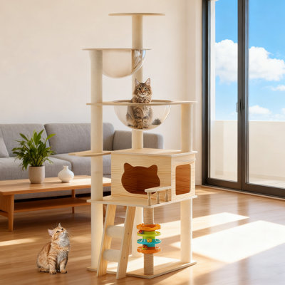 Tour à chat moderne, tour d'arbre à chat en bois 59 po pour chats d'intérieur, arbre à chat avec poteaux à griffes et perchoir recouverts de sisal, maisonnette pour chat avec hamac en acrylique pour petits chats