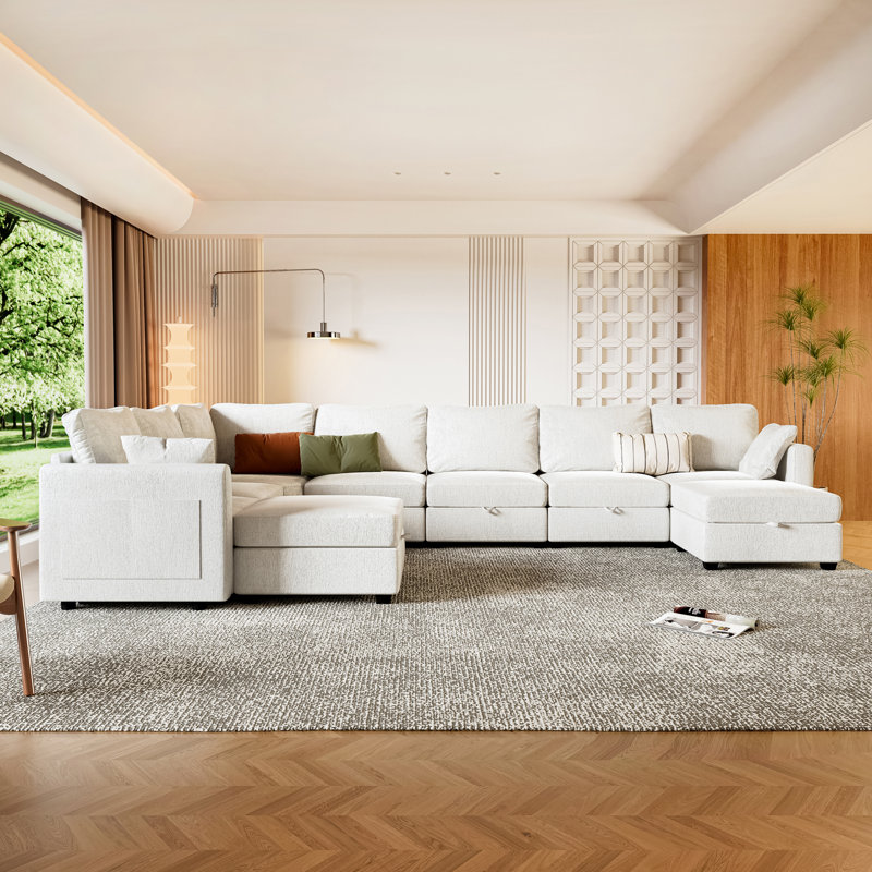 Canapé modulaire en forme de U de 158,6 po avec repose-pieds de rangement modulaire en U, Chenille beige