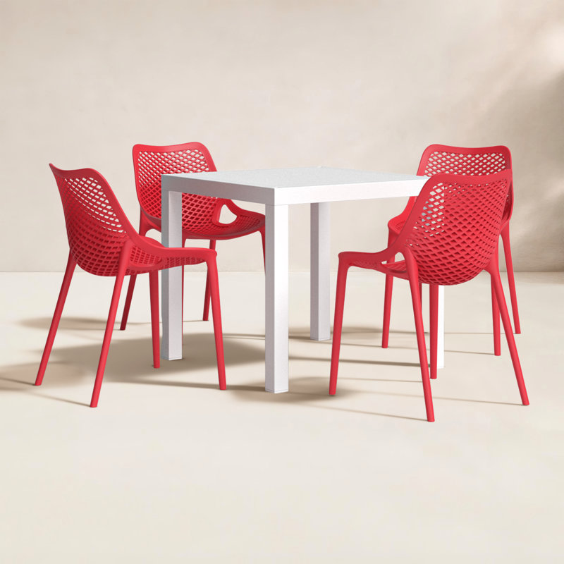Asherton 31.5" W 4-Person Square Patio Dining Set with Stackable Chairs, White/Red