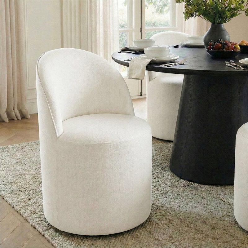 6 - Person Dining Table Sets With Round Table & 6 Upholstered Fabric Chairs, White, Black