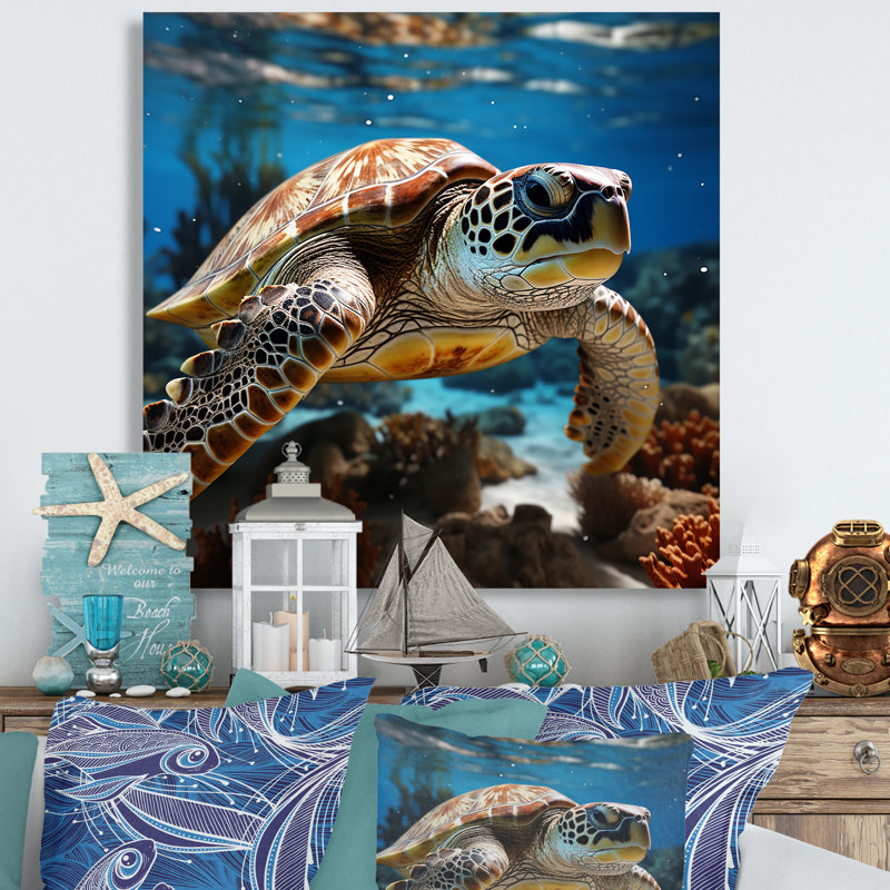 «Curious Underwater Sea Turtle I», reproduction sur toile, Toile tendue, H 30 po x l 30 po