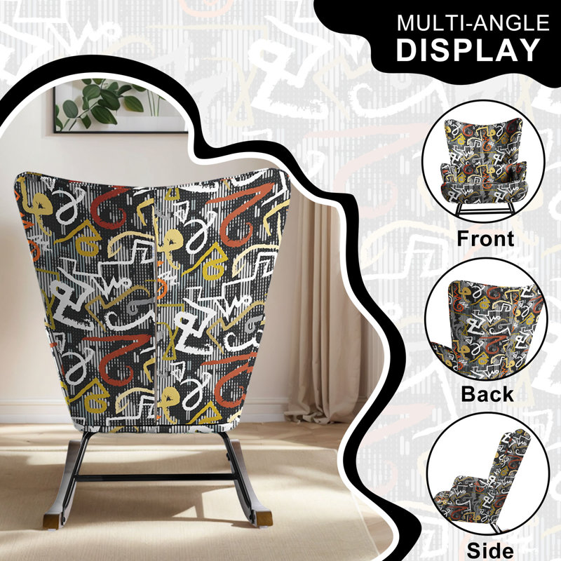 Cyra Rocking Chair, Black/Orange/Yellow Abstract