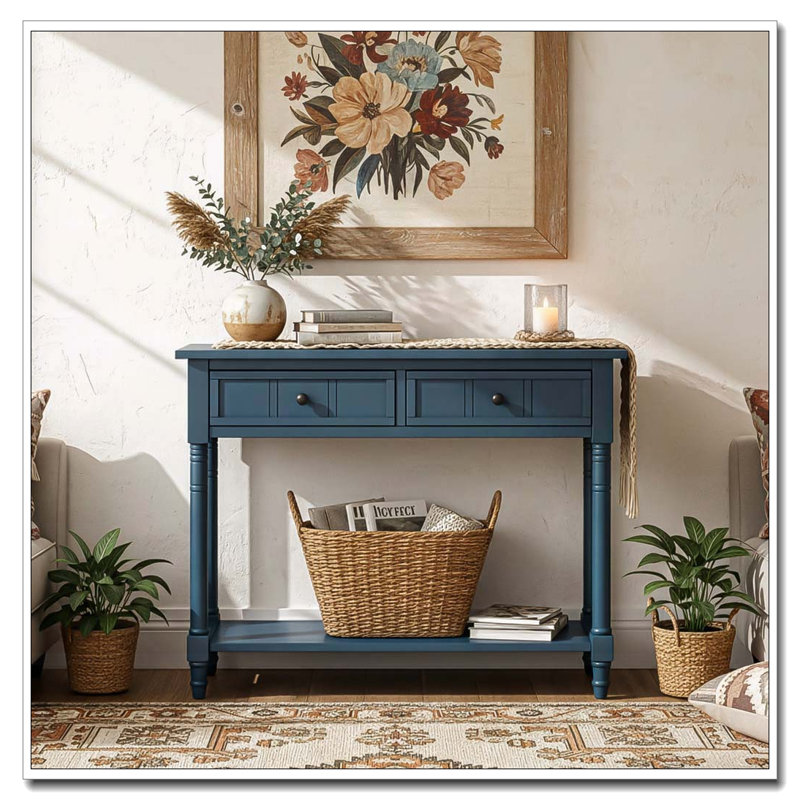 Console avec deux tiroirs et tablette inférieure, Bleu marine foncé